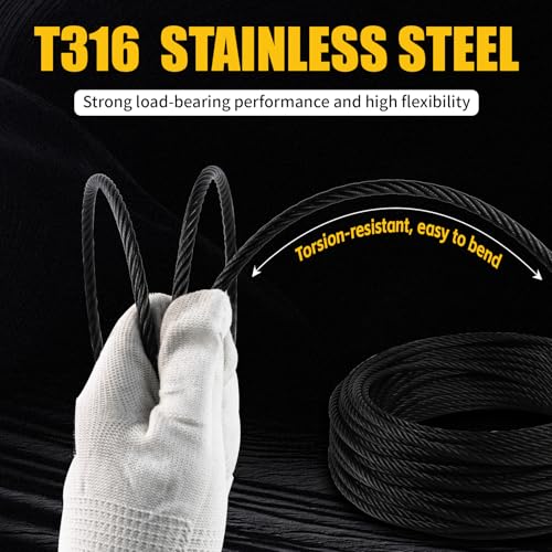 T316 Black 3/16“ Stainless Steel Cable, 250ft Wire Rope 7x19 Strands Aircraft Cable 3700lbs Breaking Strength, Wire Cable Rop for Deck Railing, String Lights, Fence, Clothesline &Yard Zipline by Uyenseoy - Image 8