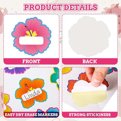 Image of Whaline 90Pcs Hibiscus Flower Name Tag Stickers Colorful Floral Blank Nameplate Decals 9 Styles Self-Adhesive Name Labels for Summer Hawaiian Classroom Students Desk Office Decor