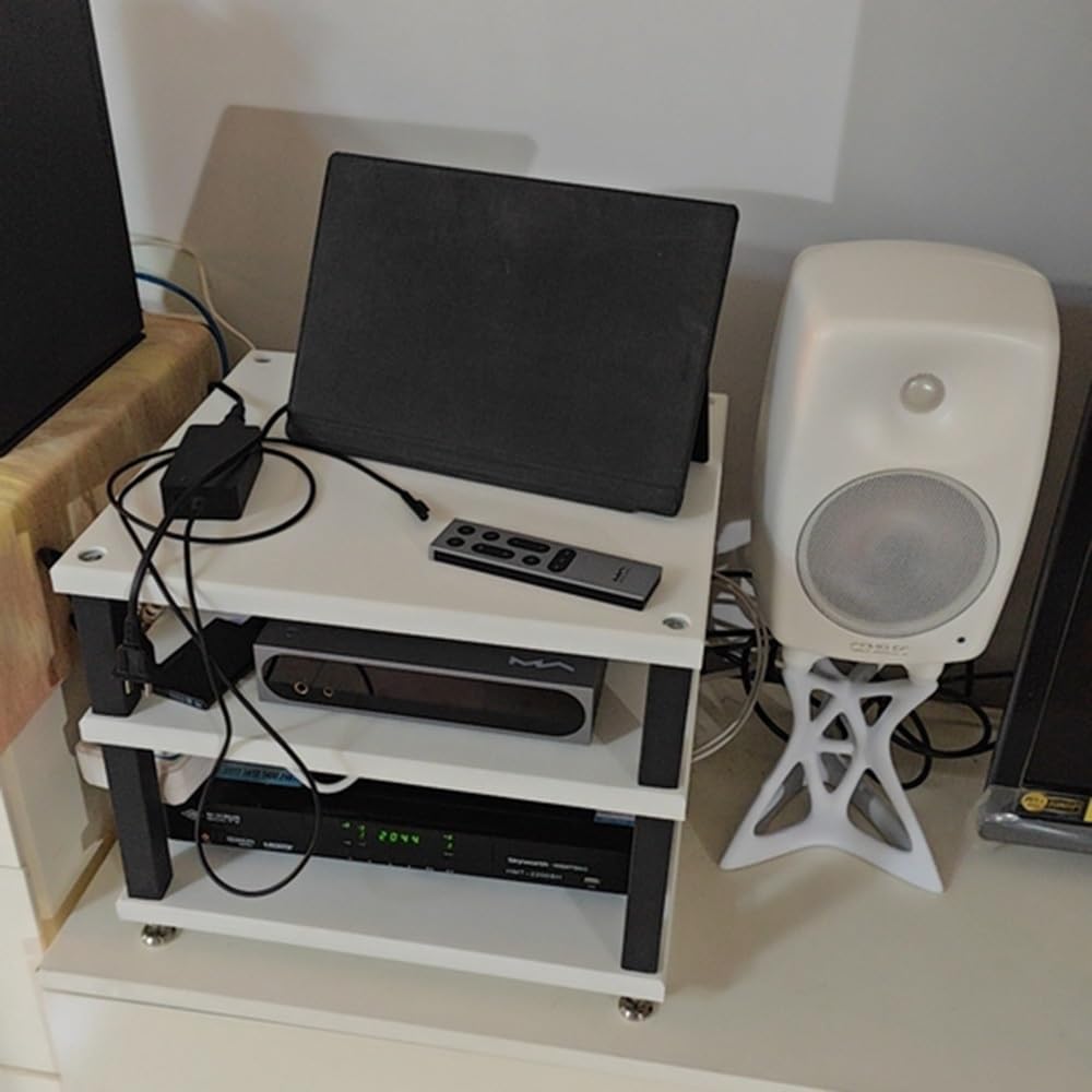 4-poziomowy stojak na audio HiFi, drewniany stojak na multimedia, na biurko, mała szafka stereo i odtwarzacz płyt, oszczędność miejsca, półka do biura/sypialni, biały, 25 cm
