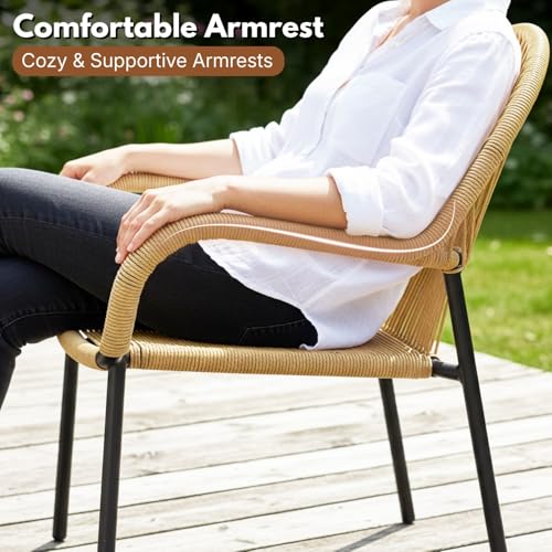 Image of DEVOKO Outdoor 3 Piece Beige Rope Patio Balcony Conversation Set for All Weather Comfort Breathable & Weather Resistant Metal Frame for Garden, Pool, Porch, Deck