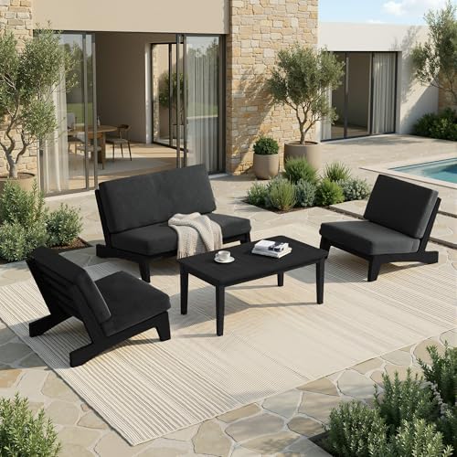 Image of Pia Ricoo 4 Piece Patio Furniture Sets, Outdoor Furniture with 2 Chairs & Coffee Table, Patio Conversation Set for Backyard, Deck, Lawn, Drak, Dark Wood