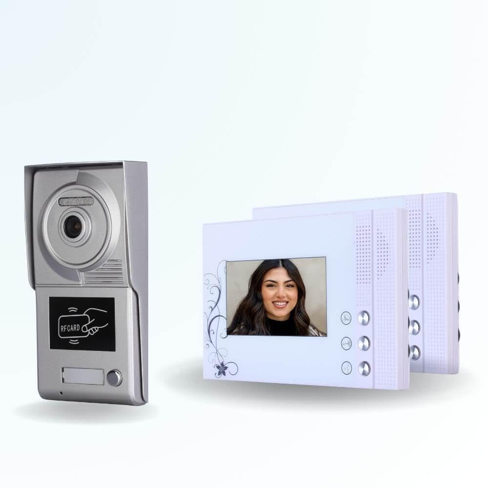 Portier interphone vidéo Classic 4 Fils - 1 Appartement - 2 écrans Blancs - avec Lecteur de Badge