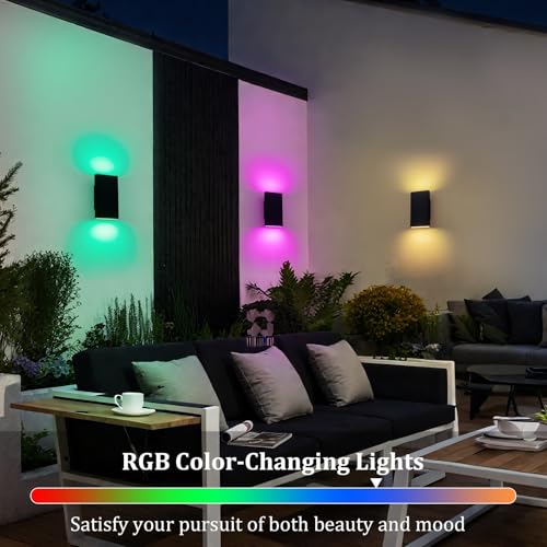 Image of 10 inch RGB Modern Outdoor Wall Light Color Changing Outdoor Sconce Lights with Remote Control or App Control, Black Up and Down Exterior Lighting Fixtures for House Garage Patio Porch
