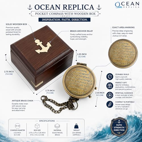 Brújula Be Strong and Courageous – Brújula magnética náutica antigua con grabado de escritura – Regalo de bautizo con estuche de madera para hijo, padre, esposo, ser querido miniatura 6