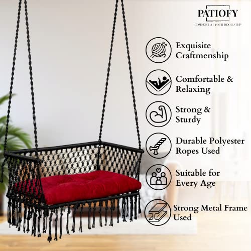 Image of Patiofy Double Seater Swing Chair Arm Rest /Hanging Hammock For 2 People /Jhula Adults /2 Balcony /200Kg Weight Holding Capacity /Hanging Kit & Cushion Included-Black - Polyester