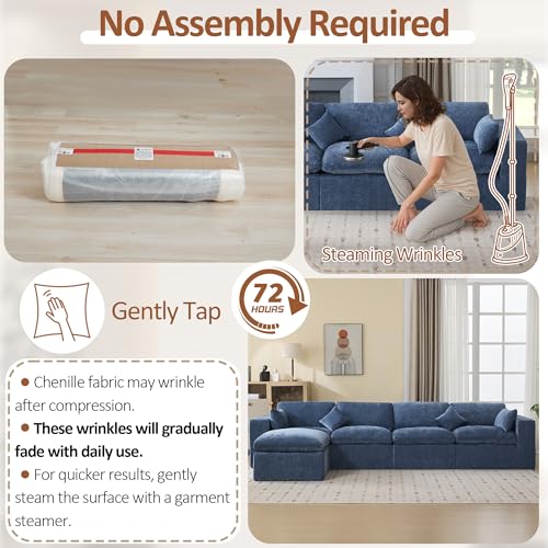 Image of 146''Cloud Boneless Sectional Couch, Modular Sectional Sofa Deep Seat with Ottoman, Oversized Upholstered Convertible Comfy 5 Seater Chenille Sofa L Shape Couches for Living Room, Blue