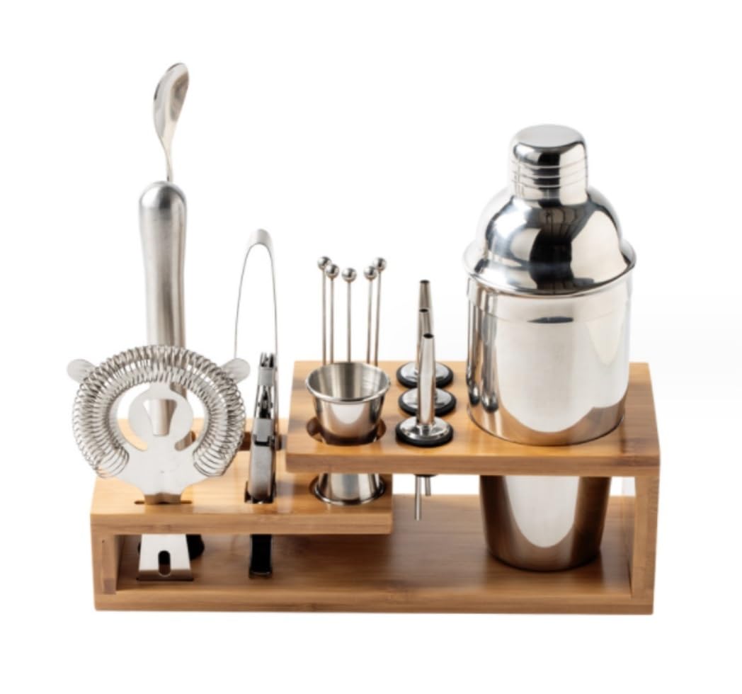 Juego de Cocktail Shaker Juego De Coctelera De 16 Piezas, Juego De Herramientas De Barra De Acero Inoxidable con Elegante Soporte De Bambú, Juego De Coctelera Coctelera Profesional Herramientas (Colo