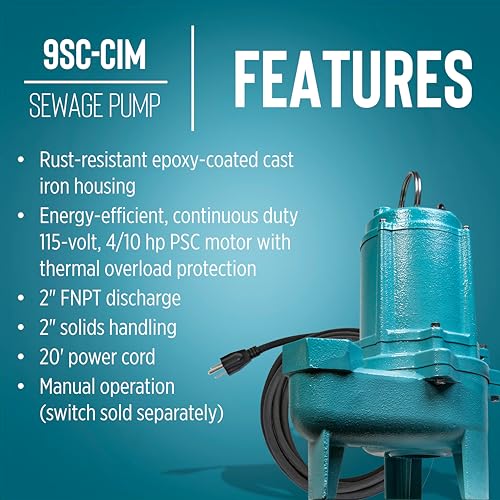 Image of Little Giant 9SC-CIM 115 Volt, 4 /10 HP, 6000 GPH Manual Epoxy-Coated Cast Iron Submersible Sewage Pump, 20-Ft. Cord, Blue, 509413