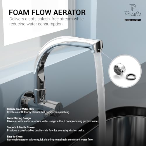 Image of Pixaflo Florent Brass Kitchen Sink Tap with Wall Flange | 360 Swivel C-Type Spout | Wall Mounted Kitchen Faucet | Foam Flow Aerator | Water Saving | Chrome Finish