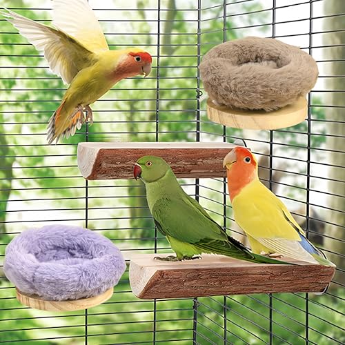 Image of 2Pcs Bird Perch Stand Platform Plush Parrot Hanging Hammock Warm Bird Nest Snuggle Hut Birds Sleeping Bed Wood Perch for Parrot,Budgies,Parakeet,Cockatiels,Conure,Lovebirds-Purple&Brown