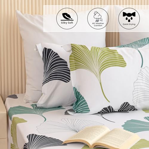 Image of HOMEMONDE Premium Cotton King Size Bedsheet 108 x 108 Inch, 210 TC Leaf Printed Flat Sheet with 2 Pillow Covers, Blue & Green, Elegant Gift Box Included | Perfect for Home Decor & Gifting