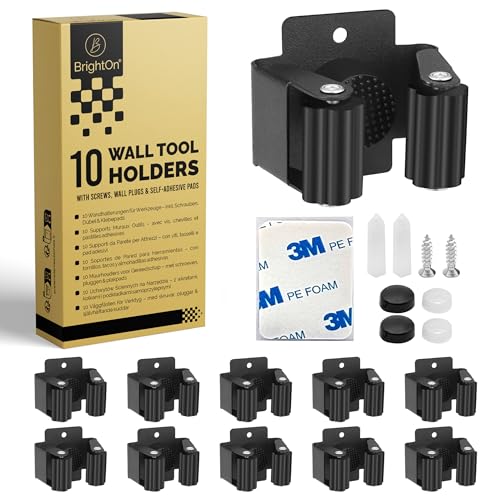 BrightOn® 10 Edelstahl-Wandhalter – Mop-, Besen- & Werkzeug-Organizer für Haus & Garten, mit 10 3M-Klebepads und 20 Schrauben