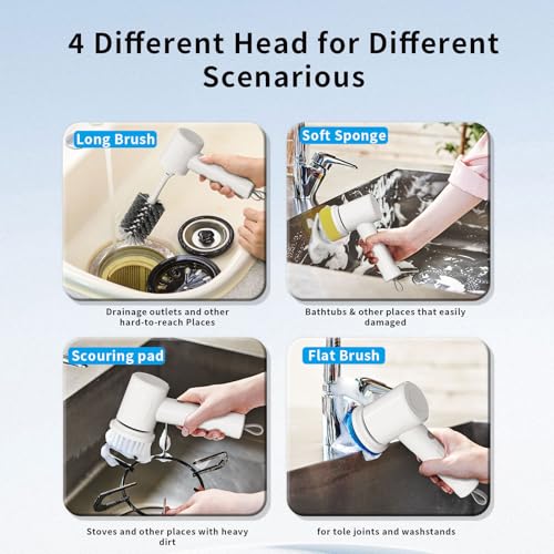 MEFELF Electric Spin Scrubber - Cordless Handheld Cleaning Brush with 2 Speeds & 4 Brush Heads, Rechargeable 1500mAh Battery for Kitchen Sink, Bathroom Tile, Stovetop, Glass, Car Detailing — view 3