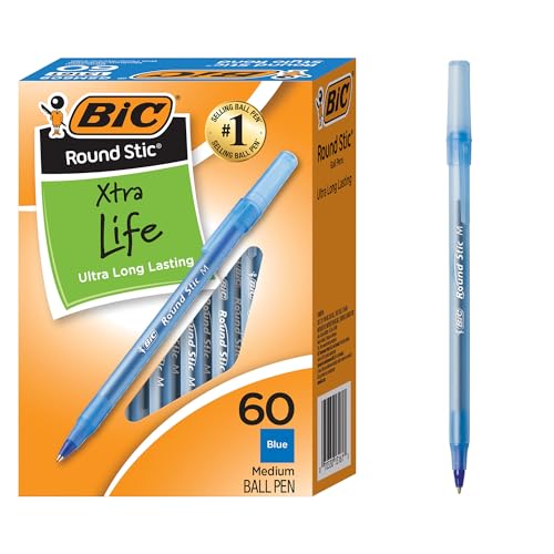 BIC Round Stic Xtra Life Ballpoint Pen with 1.0 mm Medium Point and Consistent Ink Flow, 60-Count in Blue Ink