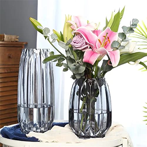 Wide Mouth Smoke Grey Cylindrical Glass Flowers Vase Book Crystal Pumpkin Striped Glass Large Diameter Vase Core Home Decor (H:8") #TOP5