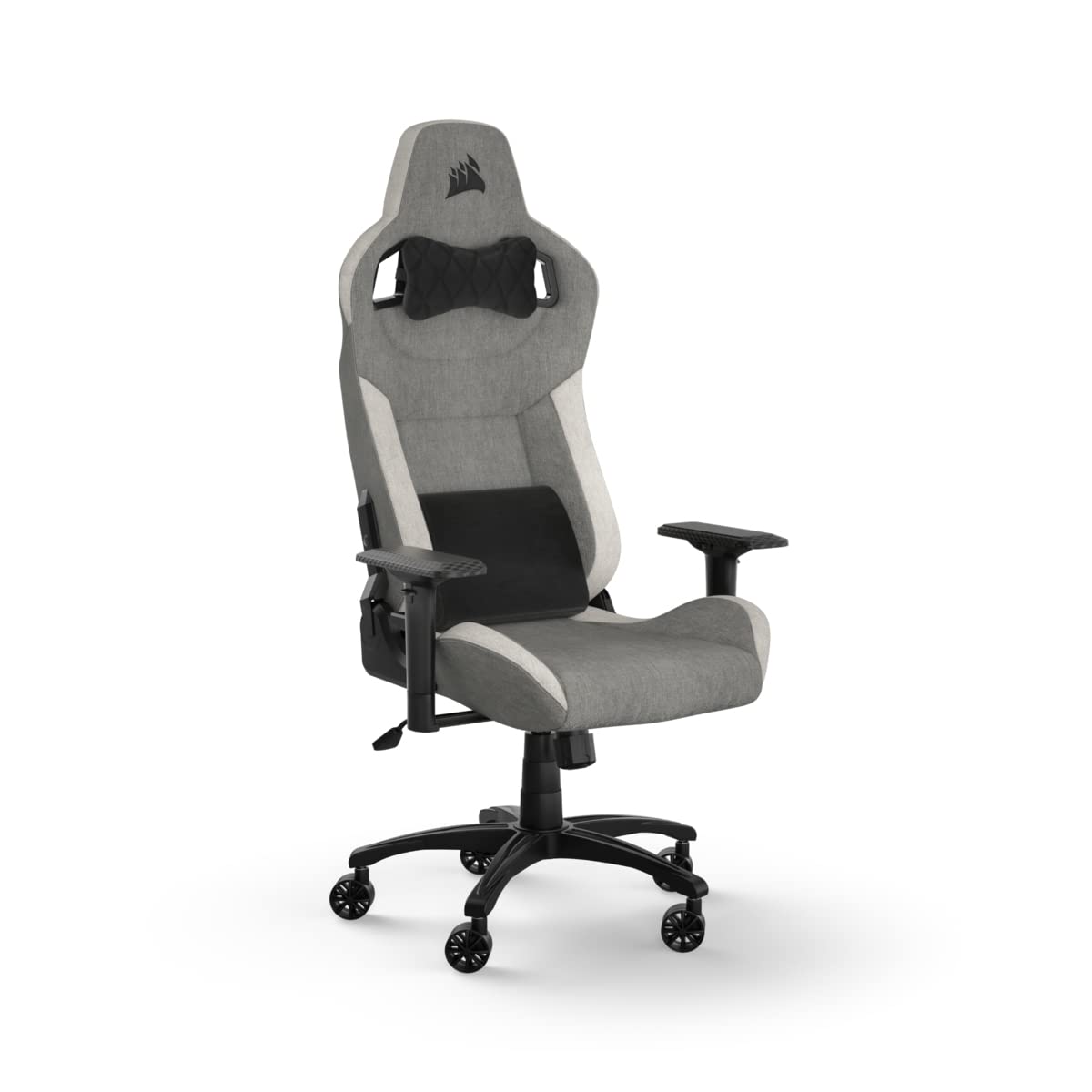 Corsair T3 Rush Fabric Silla para Juegos (2023) – Diseño Inspirado en Las Carreras – Exterior de Tela Suave – Almohada Cervical Acolchada y Soporte Lumbar de Espuma Viscoelástica – Gris y Blanco