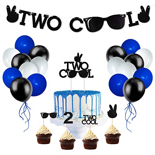 Zwei coole Partyzubehör, zwei coole Sonnenbrillen, Banner, Kuchen- und Cupcake-Topper, Latex-Luftballons für kleine Männer, Sonnenbrille, 2. Geburtstag, Jungen, Partyzubehör Cover