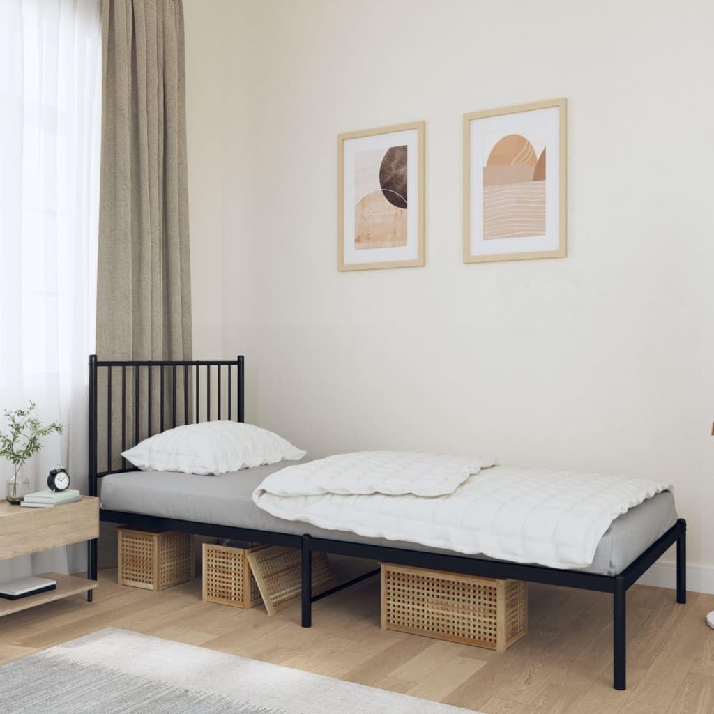 Cadre de lit en métal noir 90 x 190 cm sommier une place avec tête de lit métallique
