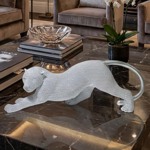 Shlinnuo Leopard Statue Home Decor - 15 Inch Gold Cheetah Figurine & Animal Sculpture for Living Room, Shelf, Office - Handcrafted Beaded Modern Table Centerpiece (Gold/Silver)