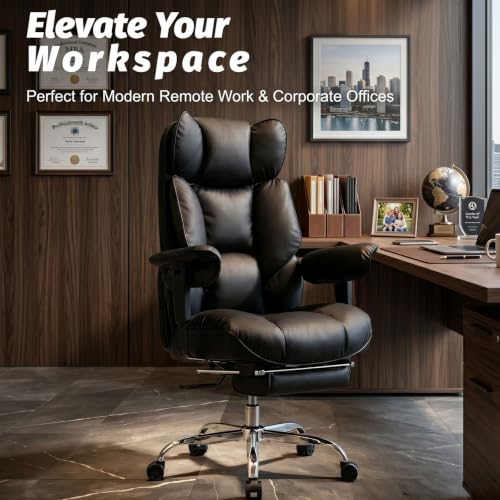 Image of Efomao Executive Office Chair 400lbs, Black Big and Tall Desk Chair | Mattress-grade pocket spring cushion, sleek leather, 135 recline & footrest for computer gaming setup.