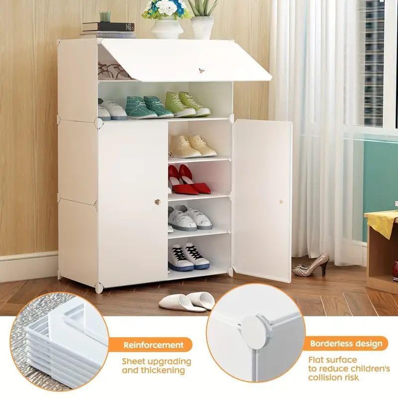 Image of Premium Modular Plastic Shoe Rack for Home | ๐ ๐๐๐๐๐
Shoe Rack with 3 Doors, Hook Holder for Home Storage Organizer with Metal Door Frame to Cover Chappal Slipper Sandals Shoes - White