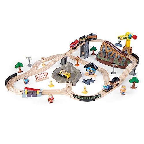 KidKraft Bucket Top Holzeisenbahn Baustelle mit Aufbewahrungsbox mit Deckel, Eisenbahn Set mit Zubehör und Baustellenfahrzeuge, Zug Spielzeug für Kinder ab 3 Jahre, 17805