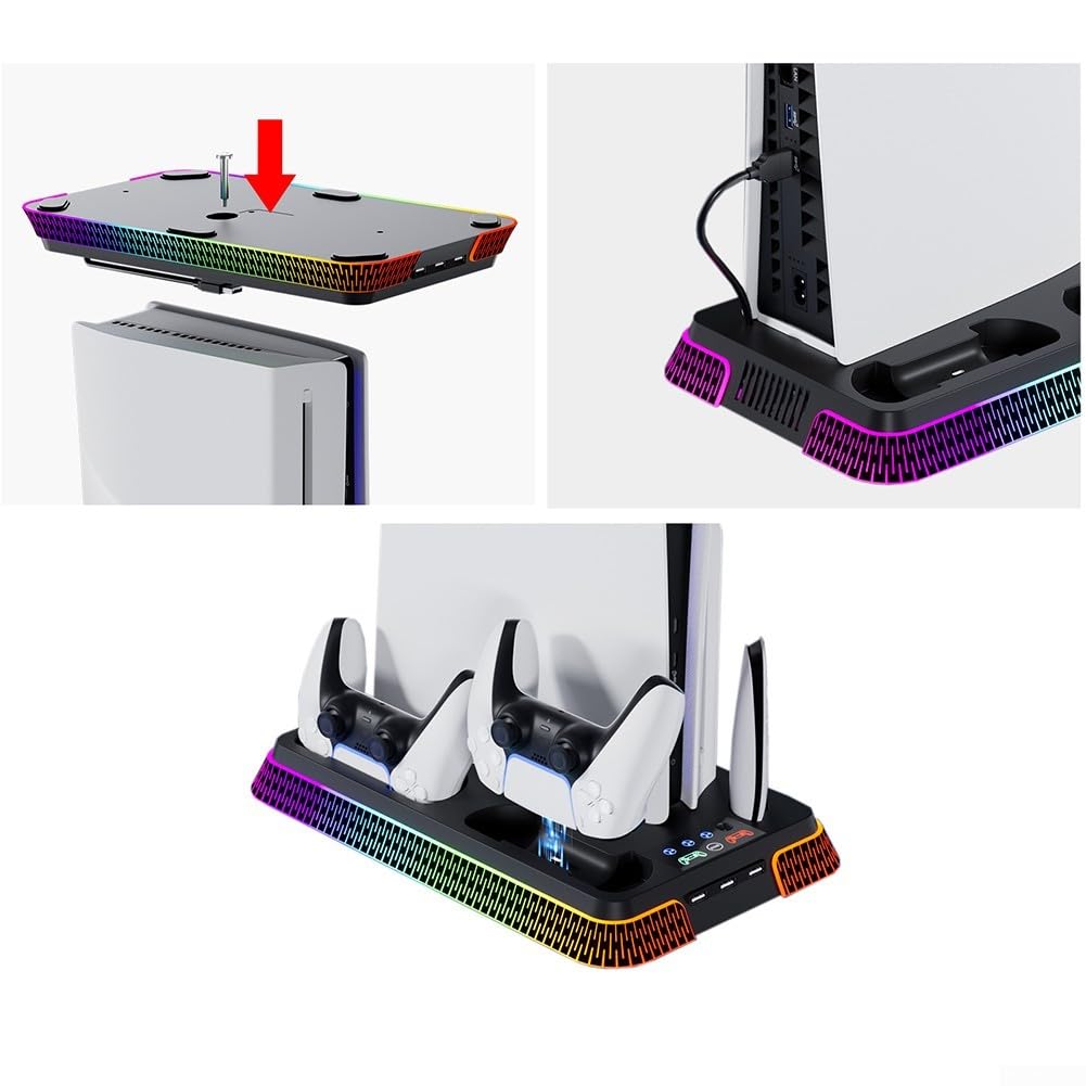 Supporto sottile e stazione di raffreddamento con controller LED stazione di ricarica per console PlayStation 5 Pro, caricatore doppio controller per PS5 Pro, ventola di raffreddamento, supporto per