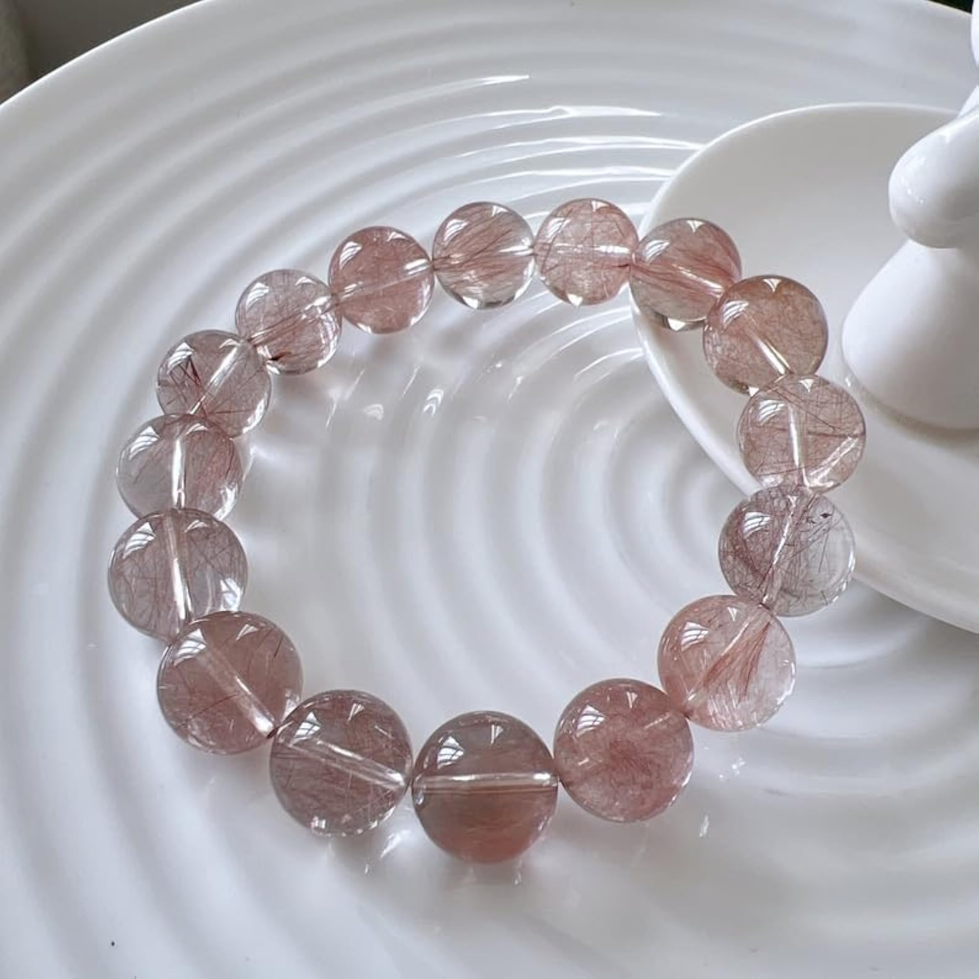 Unisex Natural Rutilated Quartz 14mm Round Bead Stretchable Bracelet