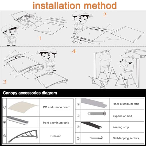 مظلة باب خارجية من البولي كربونات مع دعامات منحنية سميكة وسقف شفاف كريستالي 60 × 130 سم