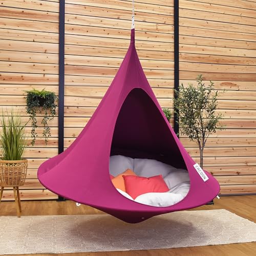 Image of Double Cacoon Hanging Chair for Two - Cozy Indoor /Outdoor Hammock with Polyester Canvas, 440 lb Capacity, Includes 18ft Rope & Carabiner (Mulberry)