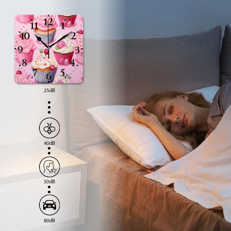 Battery Operated Wall Clocks Seamless Pattern of Cupcakes with Pink Frosting and White Sprinkles Silent Non-Ticking Decor Clock with Photo for Bathroom,Office(12inch)