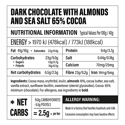 Soopergood Suikervrije en Veganistische Pure Chocoladerepen - Keto-Vriendelijk - Koolhydraatarm - Glutenvrij - 65% Cacao met Amandelen en Zeezout - Gezoet met Stevia - Doos van 12 x 40 g - Image 8