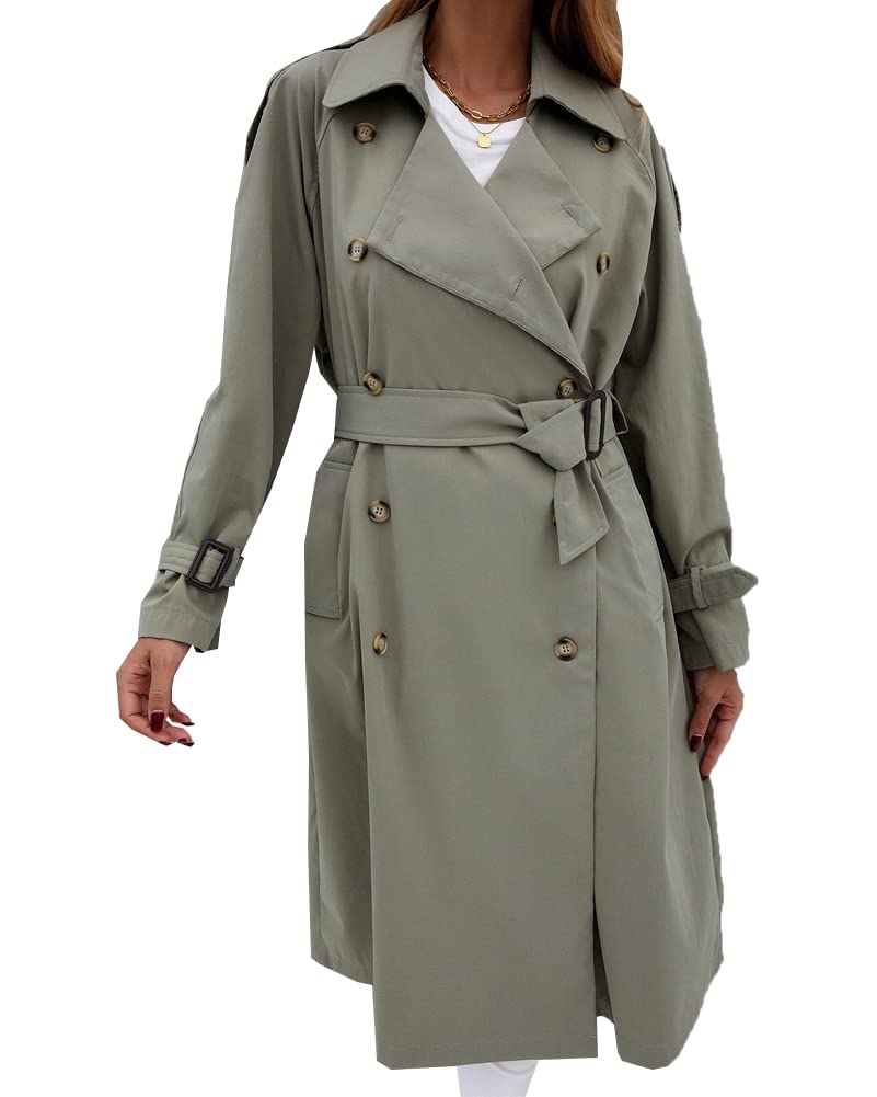 Women's Double Breasted Long Trench Coat Long Sleeve Windproof Classic
