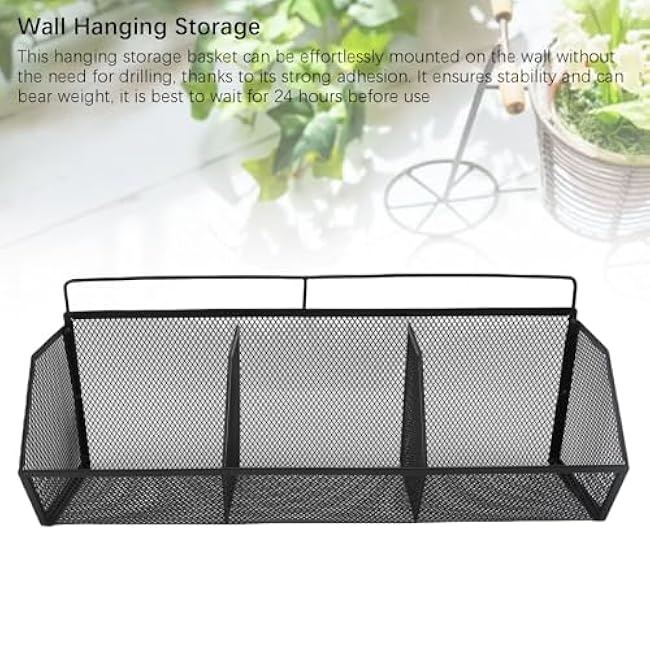 Hanging Basket, No Drilling Metal Ventilated Hanging Accessories Wall Mount with 2 Adhesive Stickers 3 Grids, for Home Kitchen Bathroom Pantry Utility Organizer 15 x 3.9 x 5.9in