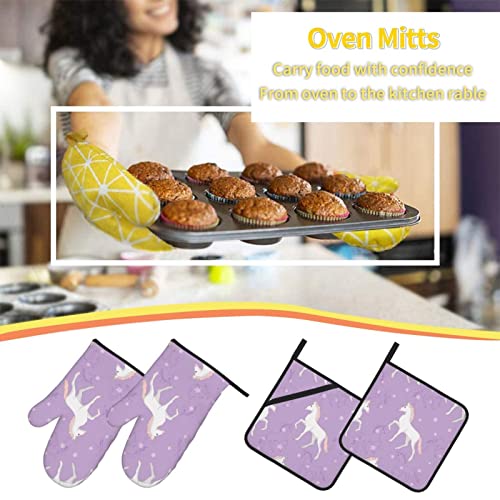 Cute Unicorn Oven Mitts And Pot Holders Heat Resistant 4Pcs Set Bbq Gloves And Pads For Cooking Baking Grilling #TOP6