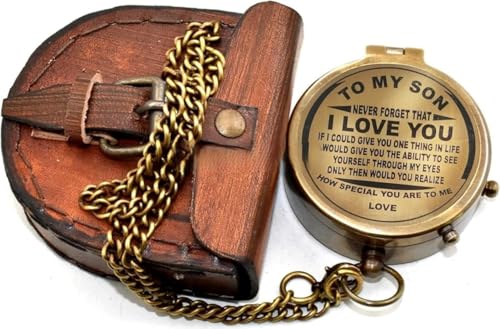 Brújula de latón vintage con estuche de cuero grabada miniatura 5