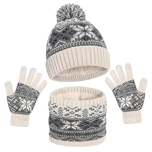 Kids Winter Knit Beanie Hat Scarf Gloves Set for Toddler Girls Boys with Pompom,Child Fleece Lining Hat Scarf Gloves