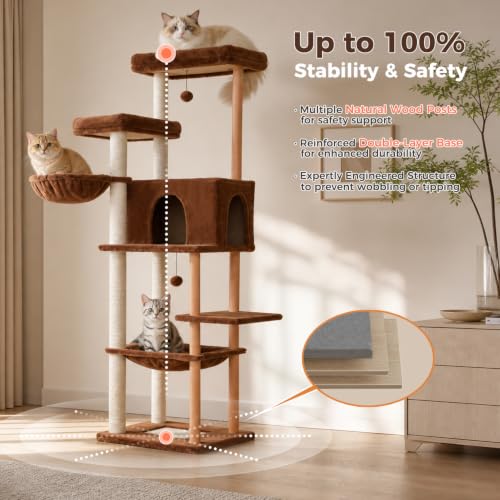 Image of 73 inch Tall Cat Tree for Large Cats, Wooden Cat Tower with Solid Posts | Wooden Cat Tree Tower with Fully Sisal Covered Scratching Posts, Cat Furniture with Spacious Perch and Cozy Condo, Brown
