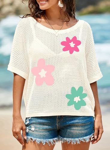 Image of Dokotoo Womens Floral Fashion Summer Tops 2026 Short Sleeve Crochet Sweaters Swimsuit Cover Ups Lightweight Knit Pullover
