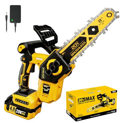 8 inch Cordless Chainsaw for Dewalt 20V MAX Battery Brushless Pruning Electric Chainsaw with 4.0Ah Battery Battery Powered Handheld Chain Saw for Wood Cutting Battery & Charger Included