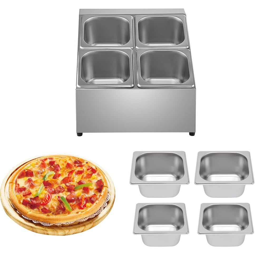Vassoio da Portata in Acciaio Inox con 4 Scomparti - Dispenser per condimenti da Buffet, Contenitore da banco per Alimenti, Accessori da Cucina, Forniture per ristoranti