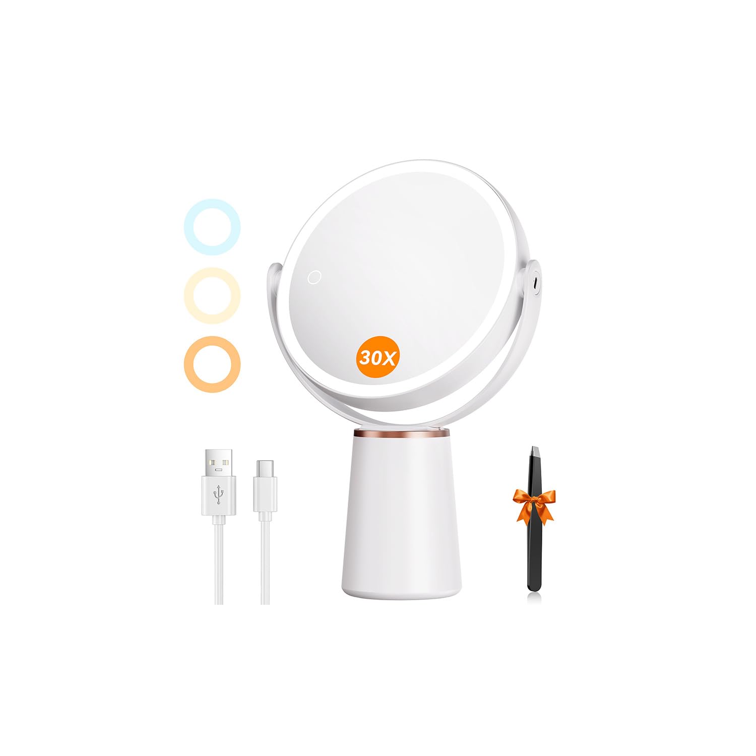 Auxmir 30X Magnifying Mirror with Light, Rechargeable Makeup Mirror White