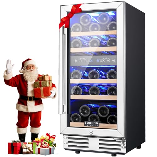 BODEGA 15 Inch Wine Fridge Dual Zone, 30 Bottle, Black Under Counter 15” wine cooler For Home and Kitchen, With Double-Layer Glass Door, Wine Refrigerators Free standing with Temperature Control.