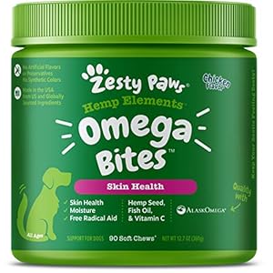 Zesty Paws Skin & Coat Bites for Dogs â Fish Oil Soft Chews with Omega-3 Fatty Acids EPA & DHA – Skin, Coat, Antioxidant & Immune Support – Hemp – 90 Count