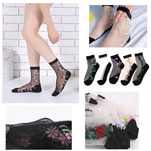 Dxyaky 5 Pairs Women Sheer Mesh Socks Ultrathin Fishnet See Through Lace Ankle Socks Summer Transparent Floral Socks #TOP3