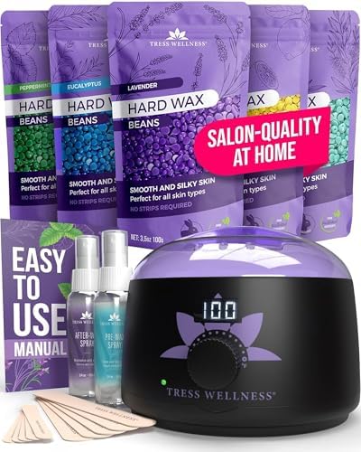 Tress WellnessAward Winning Waxing Kit for Sensitive Skin, Safe for Face & Skin, Easy to Use, At-Home Kit for Face, Bikini, Brazilian & Full Body - Digital Display, Black Purple Flower