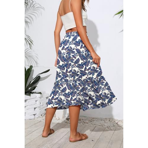 Image of Witsmile Summer Skirts Midi Length Flowy Pleated Tiered Skirts for Women 2025 Dressy Casual(FP Blue Leaf,XL)