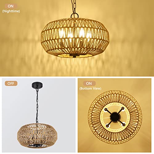 Farmhouse Rattan Pendant Lights, 15.7" 4-Light Boho Chandelier Light Fixture, Wicker Hand Woven Basket Pendant Hanging for Dining Room Living Room Kitchen Island Bedroom Foyer, Height Adjustable - Image 5