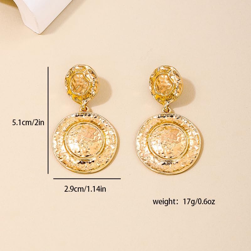 Vintage 18K Gold Plated Textured Coin Drop Earrings – Boho Statement Dangle Earrings for Women, Retro Hammered Disc Design - Image 3