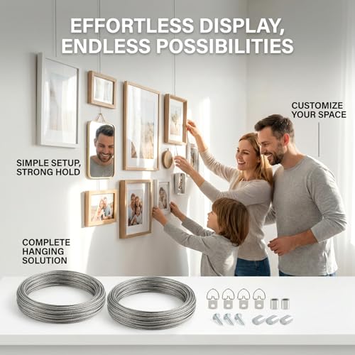 Image of 60pcs Picture Wire Hanging Kit - Maqihan Mirror Hanging Kit Picture Hanging Wire 100 Feet and Picture Frame Hangers D Rings with Screw and Aluminum Sleeves for Photos and Other Wall Hanging